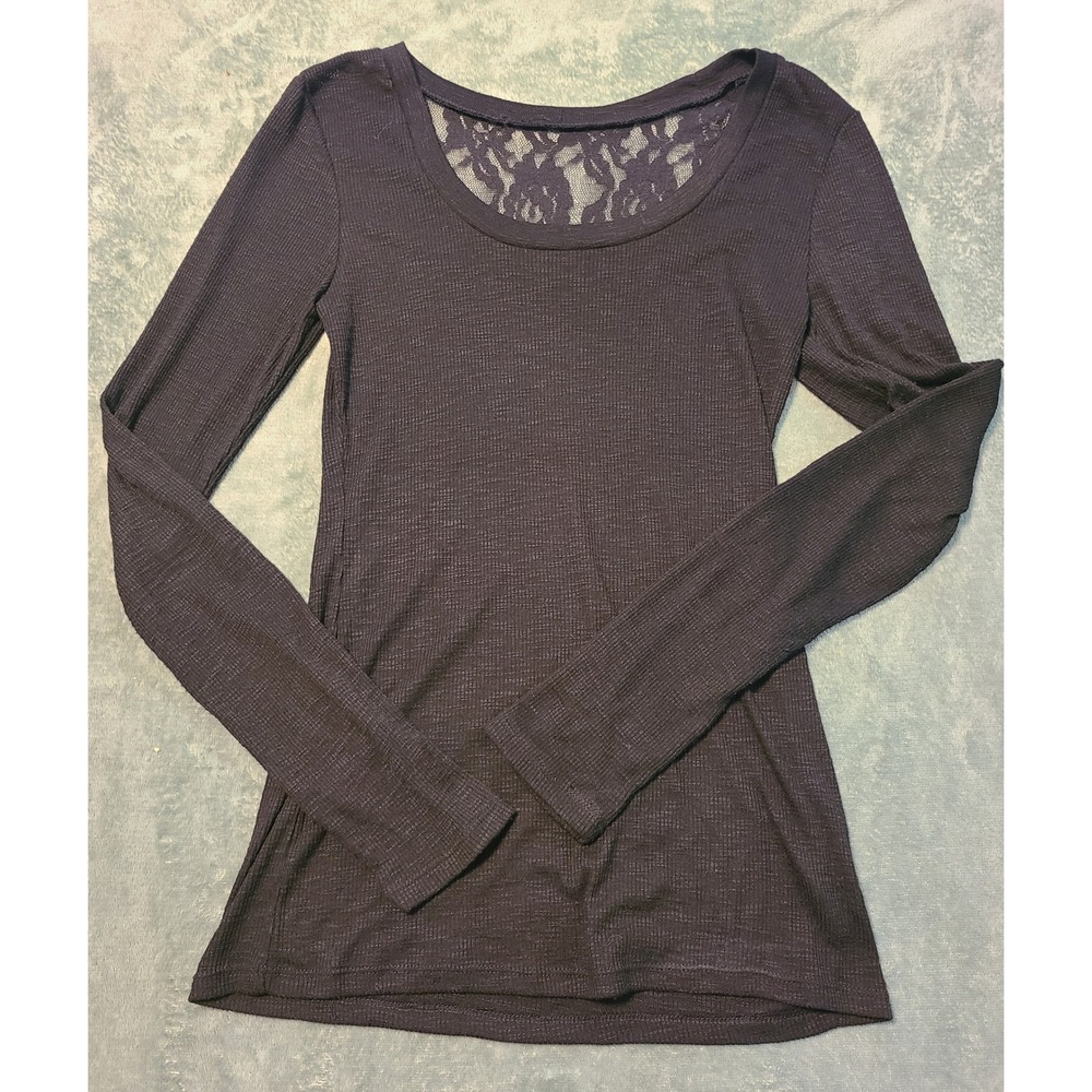 Charcoal Black Thermal Knit Long Sleeve Top with Floral Lace Back